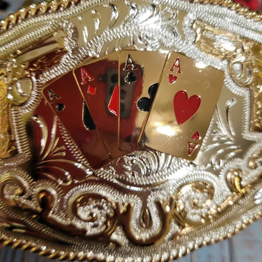 Four Aces Western Belt Buckle Cowboy Rodeo Buckle Silver & Rosetone Gun Accen